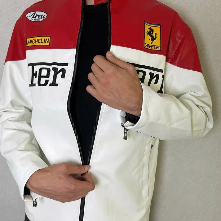 Giacca in Pelle Racing Bianca Vintage - ApexRacing